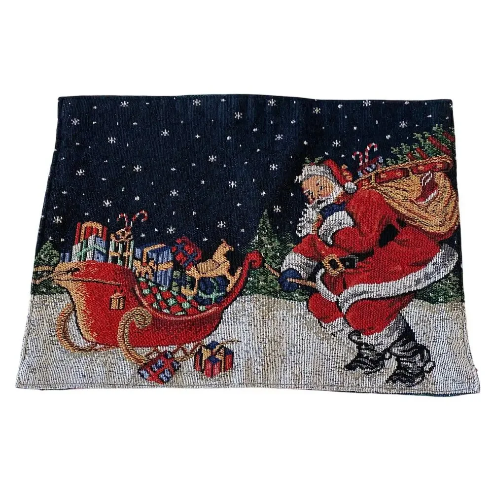 Set of 4 Tapestry Placemats Holiday Christmas Reversible Santa Ornaments 17 X 12